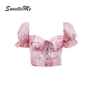 Sweeticme เสื้อยืดแขนสั้น ผ้าชีฟอง ลายดอกไม้ เซ็กซี่ สไตล์ยุโรป และอเมริกา สําหรับผู้หญิง 2022