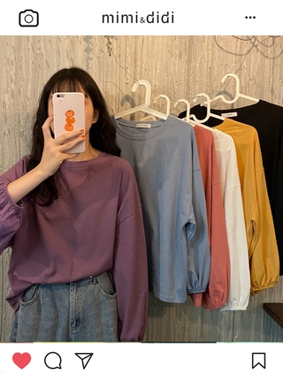 mimi&amp;didi 3508 เสื้อยืดแขนยาวคอกลมแฟชั่นวัยรุ่นสไตล์เกาหลีผ้าดี oversize สีทึบ แขนพอง จั้มปลายแขน