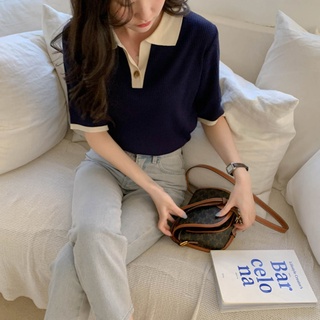 เสื้อยืด คอปก แขนสั้น ผ้าถัก สไตล์เกาหลี สำหรับผู้หญิง