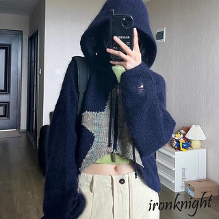 Ironknight เสื้อคาร์ดิแกน แขนยาว มีฮู้ด ลายดาว สีตัดกัน แฟชั่นสําหรับผู้หญิง