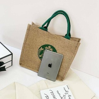 กระเป๋า​ ถุงผ้า กระเป๋า ผ้ากระสอบ ทรงshopping bag starbucks​ เคลือบกันน้ำ ราคาส่ง