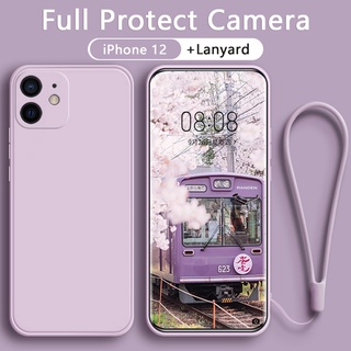 เคส for iPhone 12 12Pro 12ProMax เคสซิลิโคนเหลวพร้อมฝาปิดเต็ม กล้อง สายคล้องฟรีสายคล้องเชือกคล้องกันกระแทก ไอโฟน