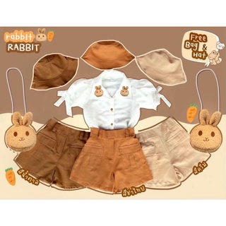พร้อมส่ง เซ็ต 4 ชิ้นเสื้อ+กางเกง+แถมหมวกและกระเป๋ากระต่าย สายเดินป่า สายคาเฟ่ ต้องจัดแล้วจ้า น่ารักมากๆค่ะ