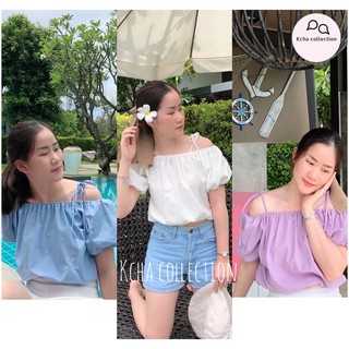 100ทั้งร้าน❤️‍🔥Sale❤️‍🔥 balloon top เสื้อปาดไหล่ โบว์ไหล่ แขนพอง ผ้าลินิน