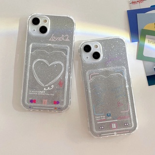 เคสโทรศัพท์มือถือ TPU กันรอยขีดข่วน กันฝุ่น กันตก ป้องกัน ลายหัวใจ เครื่องเล่นเพลง แต่งกลิตเตอร์ พร้อมช่องใส่บัตร สําหรับ IPhone 11 13 12 Pro Max XR 7 8 Plus