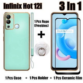 3 IN 1 เคส Infinix Hot 12i พร้อมกระจกนิรภัยกันรอยหน้าจอโค้ง เซรามิก และที่ยึด ซิลิโคนนุ่ม สายคล้อง เคสโทรศัพท์