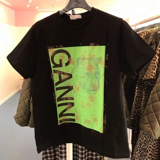 เสื้อยืดแขนสั้น พิมพ์ลายกราฟฟิค Ganni ขนาดใหญ่ สีดํา สีเขียวS-5XL