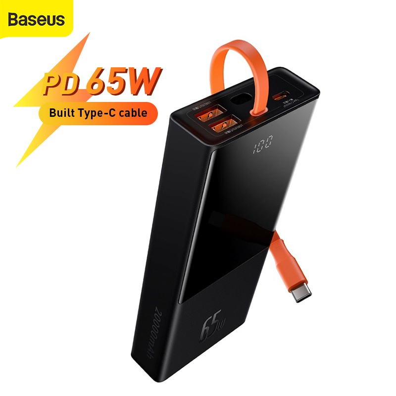 ►✐Baseus พาวเวอร์แบงค์ ชาร์จเร็ว PD 65W 20000mAh Powerbank Fast Charging Portable Battery Built cable For iPhone 13 Pro