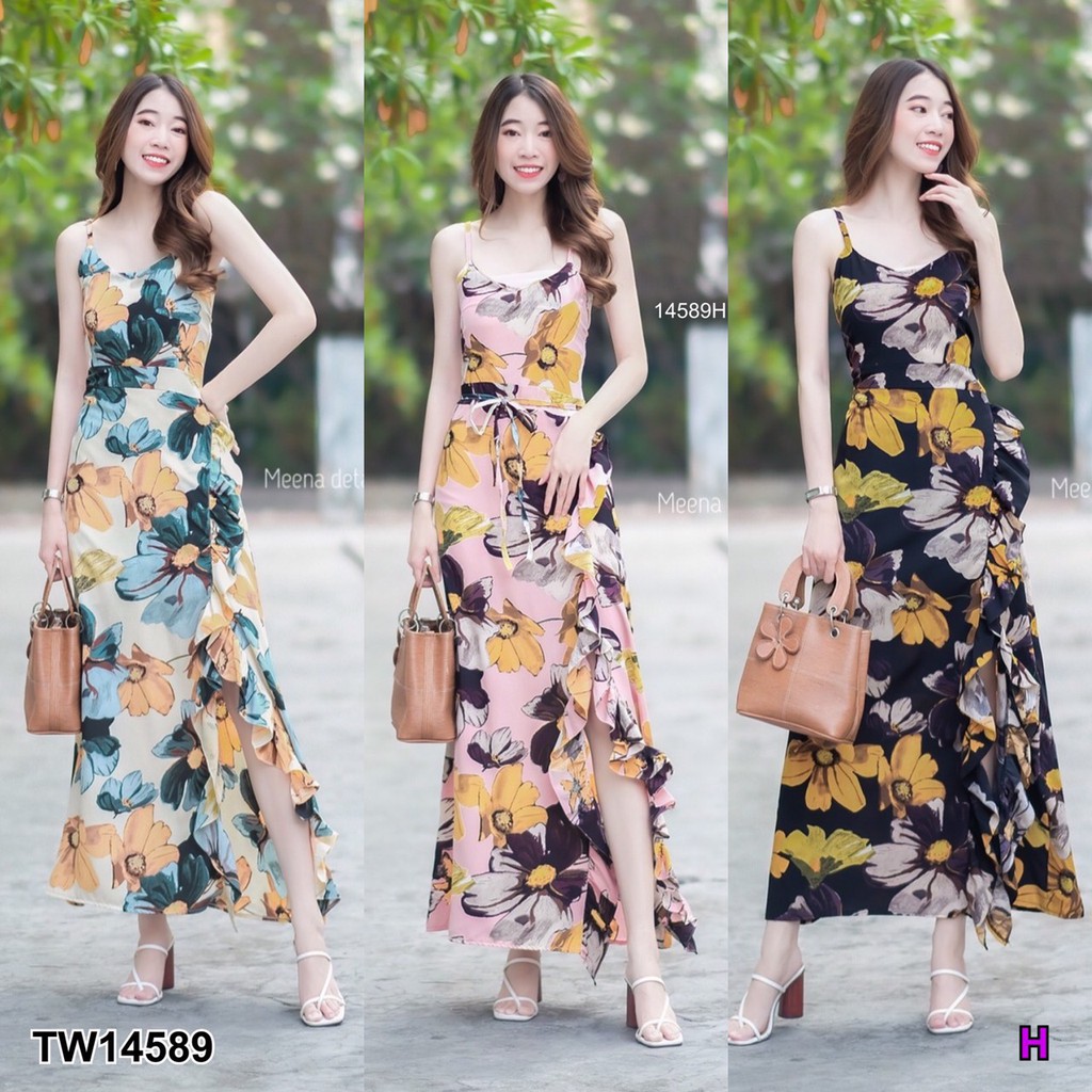 PP14589 เดรสยาวสายเดี่ยวไขว้หลังลายดอกใหญ่