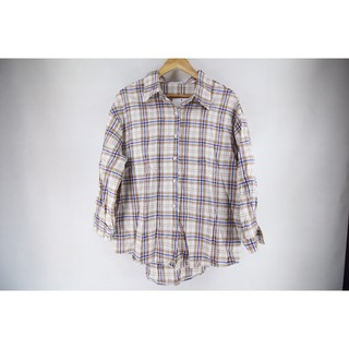 เสื้อเชิ้ตแขนยาวลายสก็อตครีมน้ำเงินน้ำตาล ผ้านิ่มมากๆ ฟรีไซส์