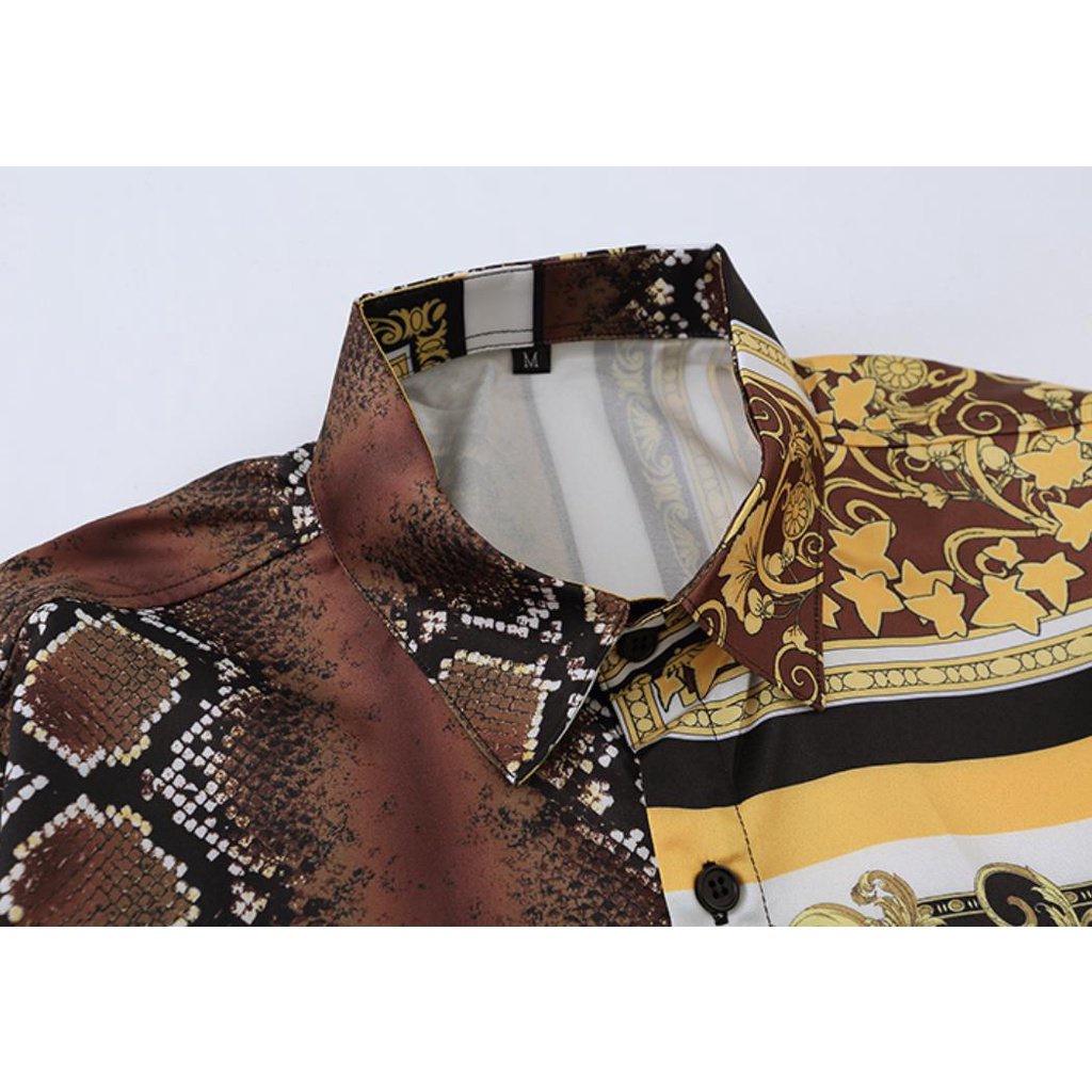 Long-sleeved satin versace shirt men's and women's printed spring and autumn thin new loose V-neck clothing lapel blouse #4