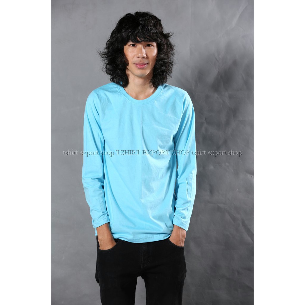 เสื้อยืดแฟชั่น ผู้ชาย T-Shirt Cotton 100% คอกลม แขนยาว สีฟ้าอ่อน