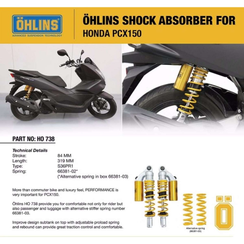 Ohlins โช้คหลัง สำหรับ Honda PCX 150 (กระปุกบน) ปี 2012-2017 (HO738)