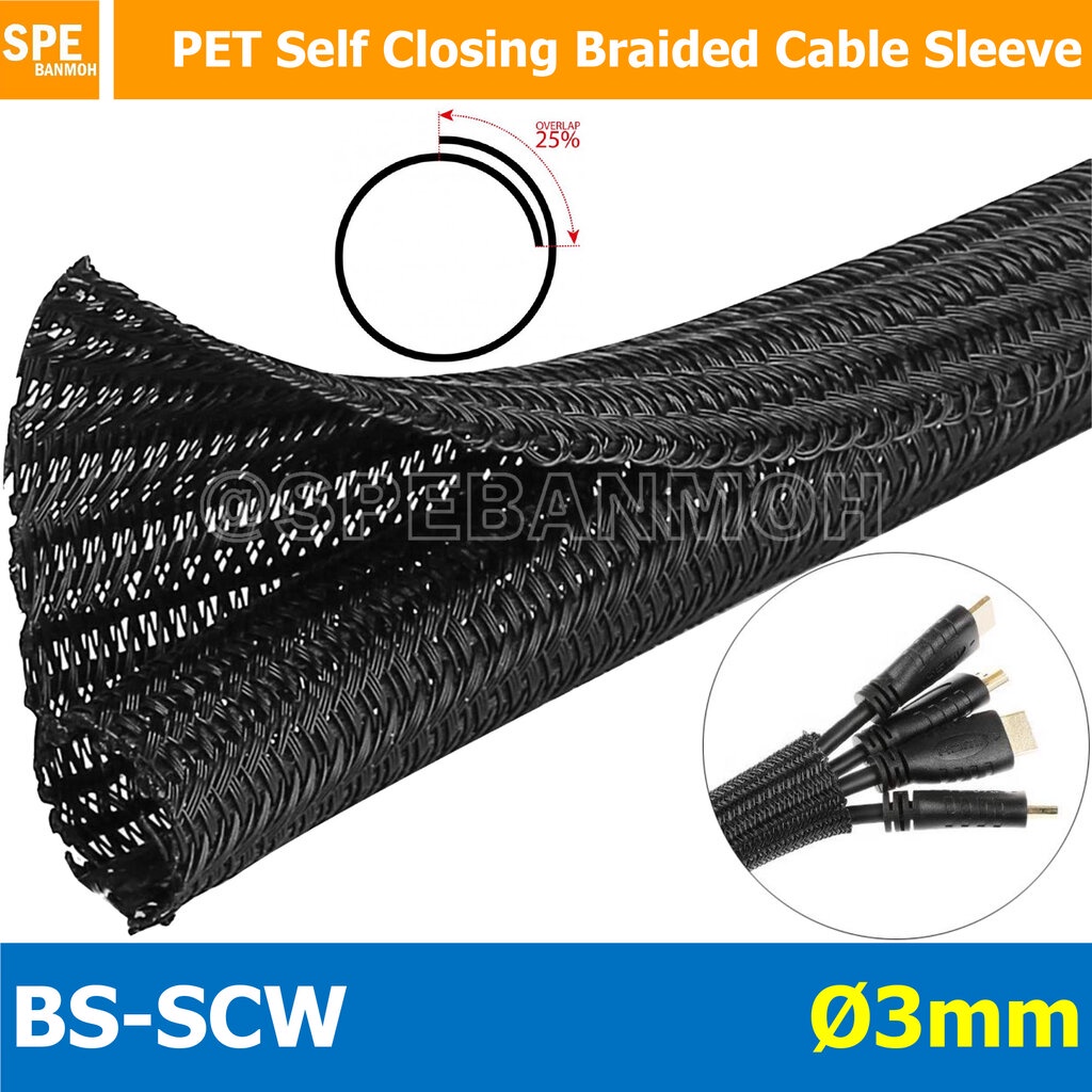 [ 2 เมตร ] BS-SCW I.D = 3 mm. สายถักหุ้มสายไฟ แบบผ่า หนังงูหุ้มสายไฟแบบผ่า Self Closing Braided Cable Sleeve หนังงูผ่...
