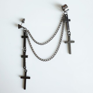 Mercury8 ต่างหูโซ่กางเขนแบบมี ear clip คล้องกระดูกหู(1 ข้าง) cross chain earring ต่างหูสไตล์เกาหลี ต่างหูห้อย