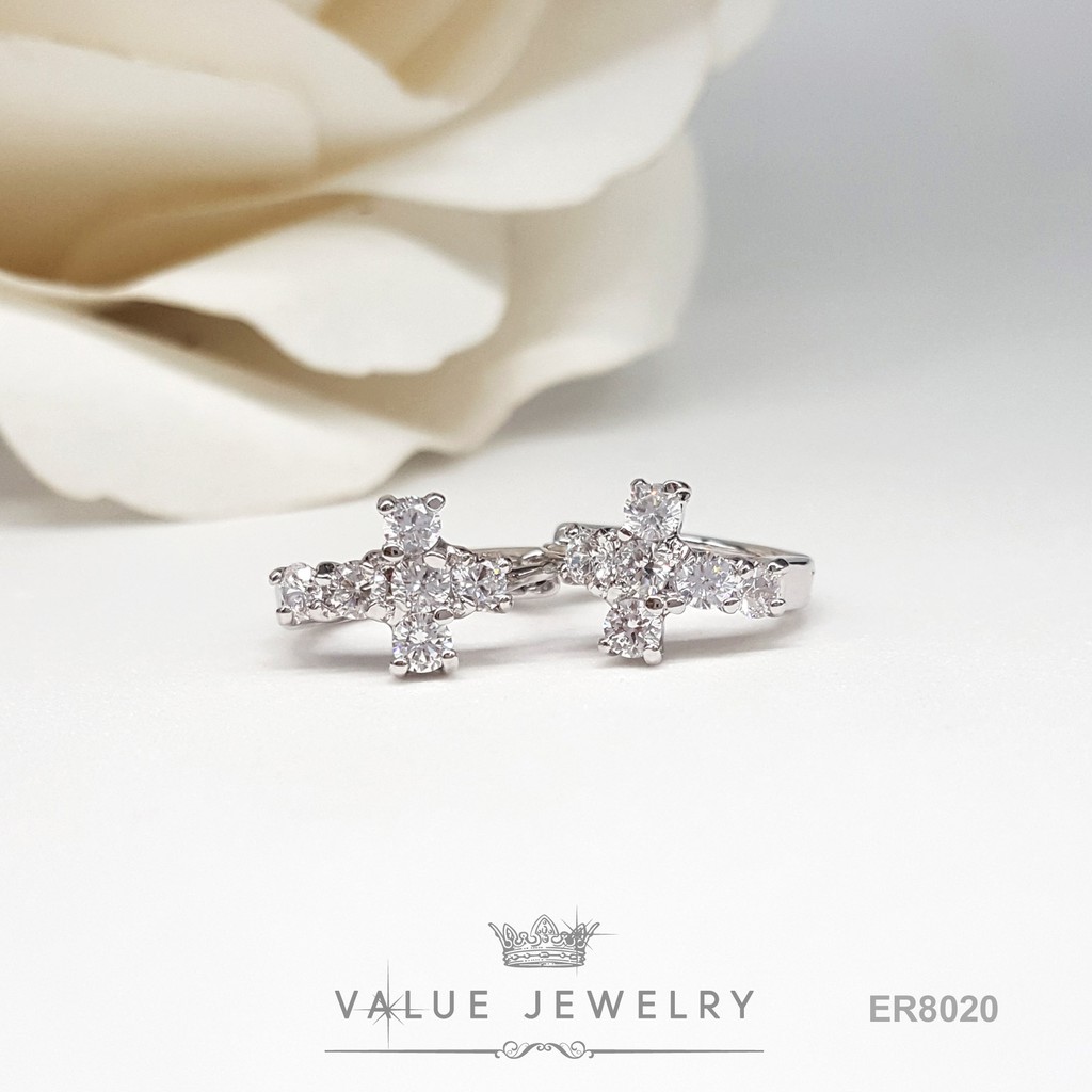 ต่างหูห่วง ER8020 กางเขน Cross คริสตัลแท้ ใส่ติดหู ใส่ได้ทุกวัน สำหรับคนแพ้ง่าย ต่างหูแฟชั่น เครื่องประดับ Value Jewelry