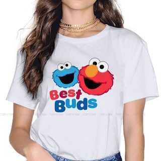 Elmo และ Cookie Besties เสื้อเชิ้ตผู้หญิง Sesame Street 80s TV Series เสื้อยืดโอเวอร์ไซซ์ ฮาราจูกุ วินเทจ หญิง Blusas
