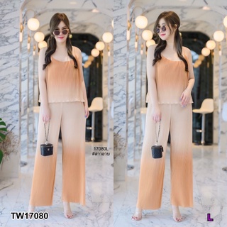 TW17080 set #สาวอวบ  2 ชิ้น เสื้อสายเดี่ยว มีซับ + กางเกงขายาว ทรงใส่สบาย เนื้อผ้าอัดพลีท เนื้อดี ใส่สบาย เนื้อผ้าไล่สี