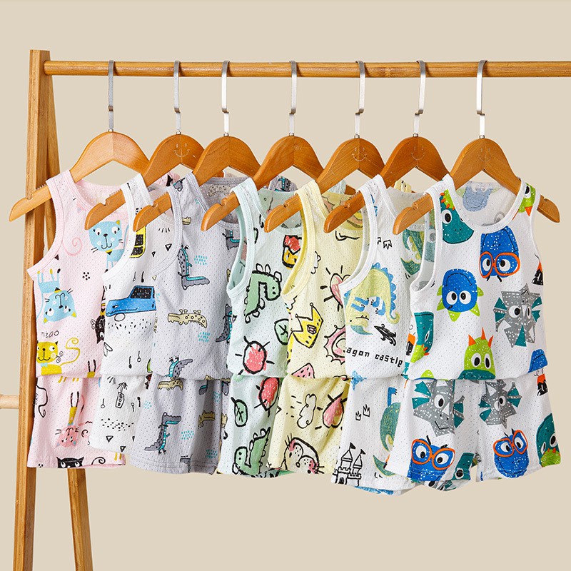 Spot 80-140ซม.ชุดเสื้อยืดแขนกุดกางเกงขาสั้นสําหรับเด็กผู้ชายผู้หญิงผ้าฝ้ายพิมพ์ลายสองชิ้นแห้งเร็วสไตล์เกาหลี
