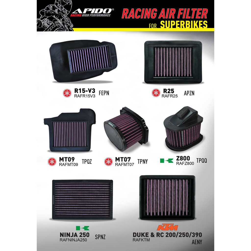 APIDO RACING AIR FILTER NINJA250 / Z250 / NINJA300/ Z300 / MT09/MT07/Z800/MT25 / R25 / DUKE200 / RC2