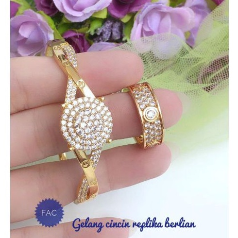 (JUN) Xuping Gold Plated Jewelry Set Cartier Diamond Ring Bracelet Fashion Titanium Gold