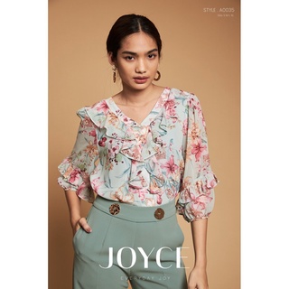 A0035 เสื้อชีฟอง Joyce ผ้าพิมพ์ลายดอกสวยหวาน คอวีมีระบาย แขน 3 ส่วน มีซับใน เนื้อผ้าดีใส่สบาย