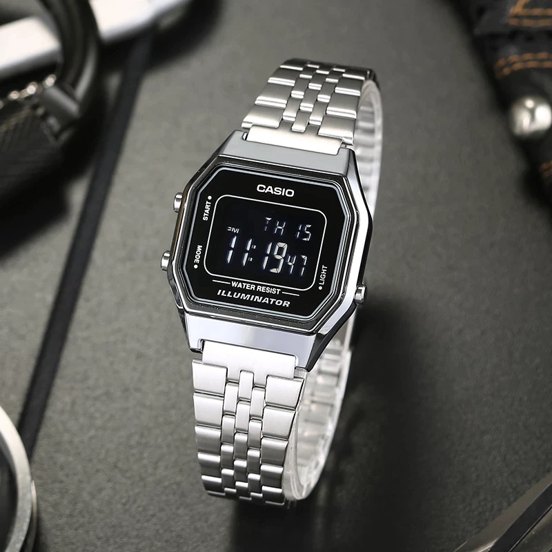 นาฬิกา Casio แท้ รุ่น LA680WA-1B นาฬิกาข้อมือผู้หญิง สายสแตนเลสสีเงิน หน้าปัดดำ -ของแท้ 100% ประกันสินค้า 1ปี