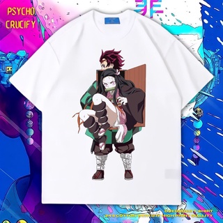 เสื้อยืด ขนาดใหญ่ พิมพ์ลาย Psycho Crucify "Tanjiro and Nezuko" | หินล้างทําความสะอาด | เสื้อเชิ้ต ลาย Demon Slayer | เสื