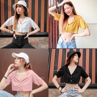 🌈MesubShop🌈  เสื้อครอป คอปก Crop Rip กระดุม2เม็ด เสื้อเชิ้ต ‼️กระดุมแกะได้จริง‼️  2เม็ด