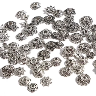 ปลอกปิดท้ายลายดอกไม้สีเงิน antique 50 ชิ้น สำหรับ DIY อุปกรณ์เครื่องประดับ