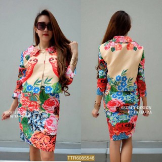 Granddesignplus TTR548**สีครีม**Lอก38-40" DOLCE &amp; GABBANA LUXE SET(BLAZER &amp; DRESS) งานเซ็ต 2 ชิ้น (เดรส + เสื้อคลุม)