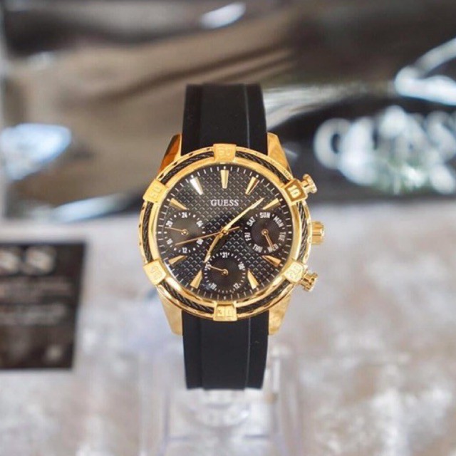 (ผ่อน0%) นาฬิกา GUESS Factory Women's Black, Gold-Tone Sport Watch U0562L4 สายซิลิโคนสีดำ หน้าปัด 35 มม.