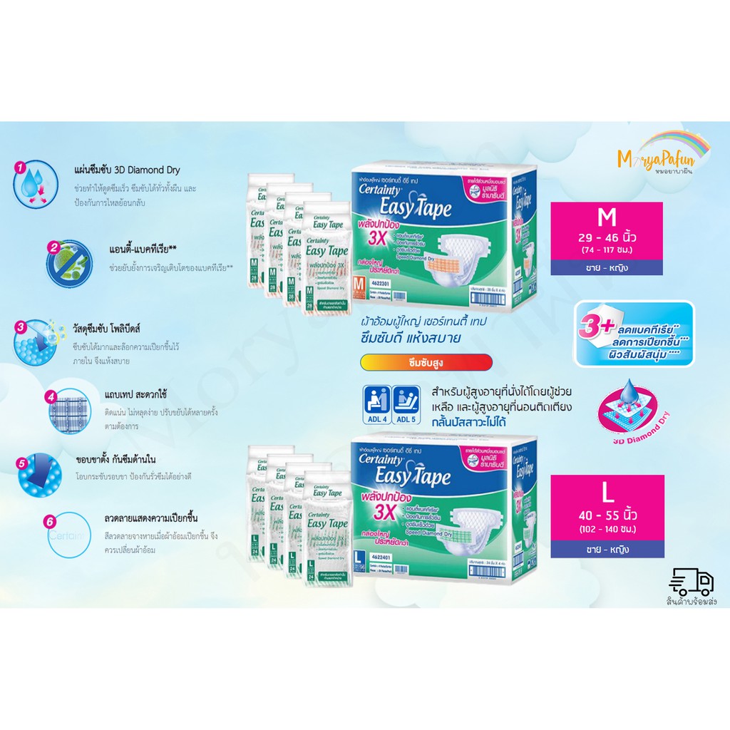 ค่าส่งถูก ผ้าอ้อมเทป ผ้าอ้อมผู้ใหญ่ เซอร์เทนตี้ CERTAINTY EASY TAPE (เซอร์เทนตี้) ขายยกลัง 1 ลัง มี 4 แพค