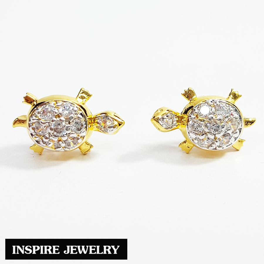 Inspire Jewelry (NN) ,ต่างหูเต่าฝังเพชร นพเก้า หรือ ทับทิม งานจิวเวลรี่ ตัวเรือนหุ้มทอง 100% 24K นำโชค เสริมดวง