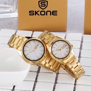 นาฬิกา Skone เครื่องญี่ปุ่น รุ่น7474 สีทอง มีวันที่