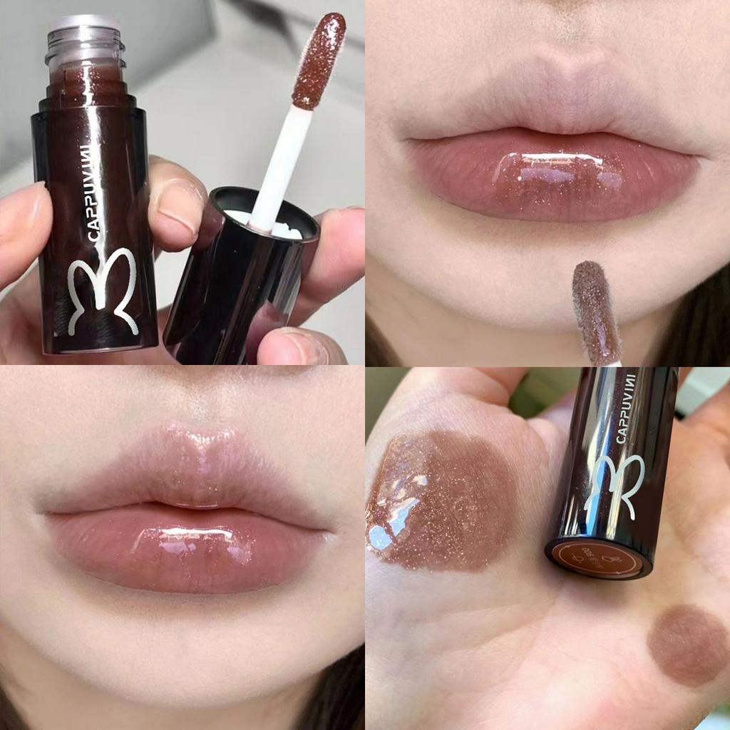 Cappuvini Moisturizing Lightening Lip Lines Bunny Black Tube ลิปกลอสกลอสกระจก Plumping Lip Moisturizing Toot