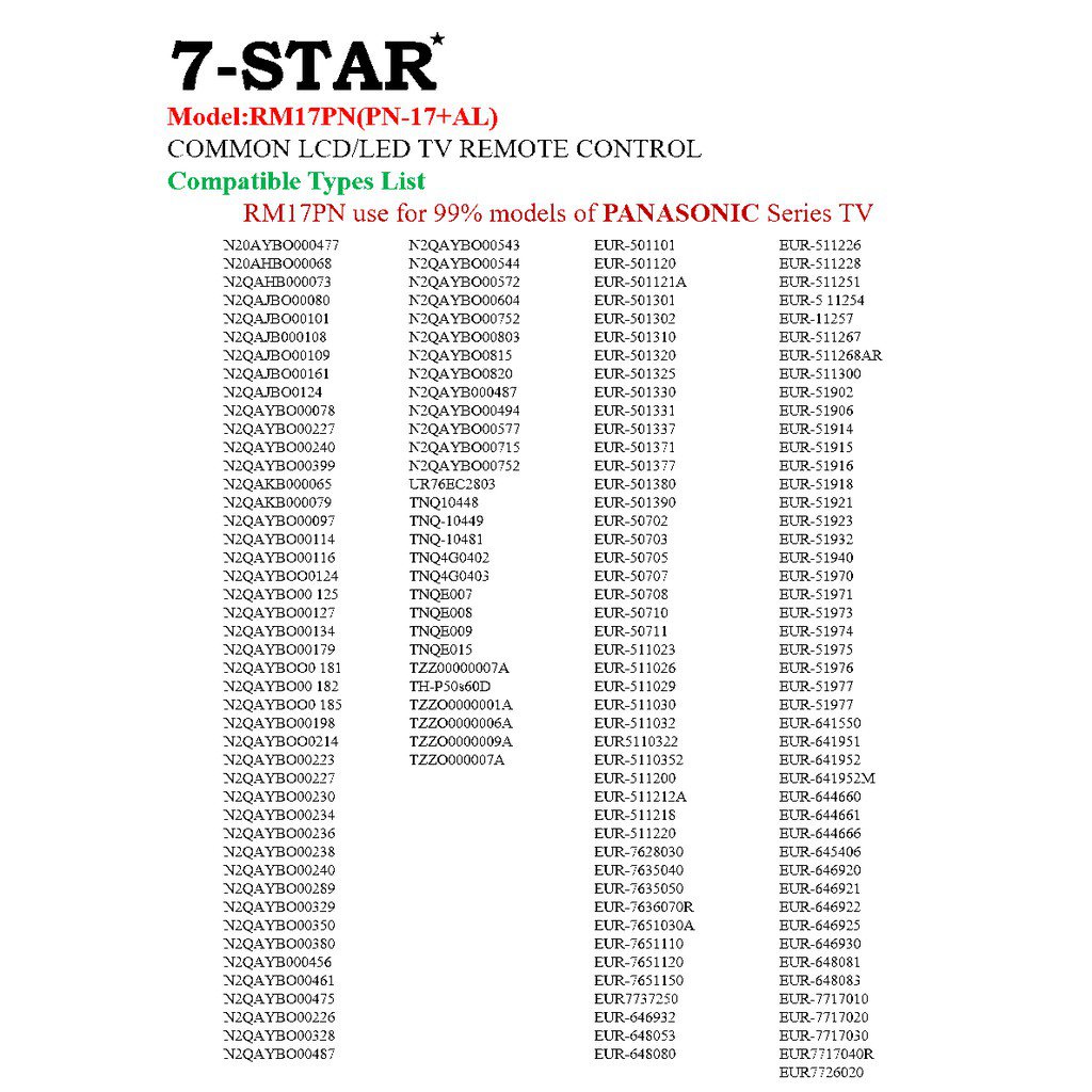 【Newest】Replacement remote control PN17+AL for all Universal Panasonic