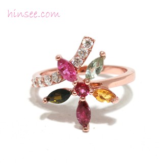 แหวน Pink gold เนื้อเงิน หัวแหวนฝังพลอย และ quartz ลายดอกไม้