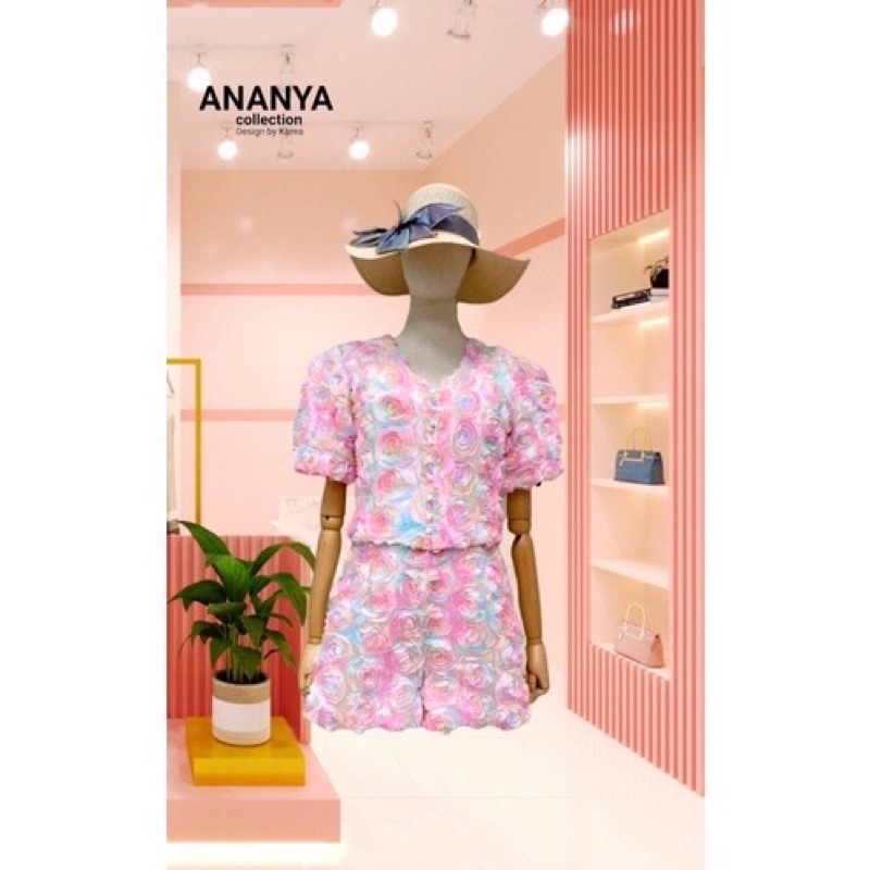 ชุดเซทเสื้อกับกางเกง งานดอกกุหลาบ 3D สีชมพู สวยละมุน Ananya.L/xl