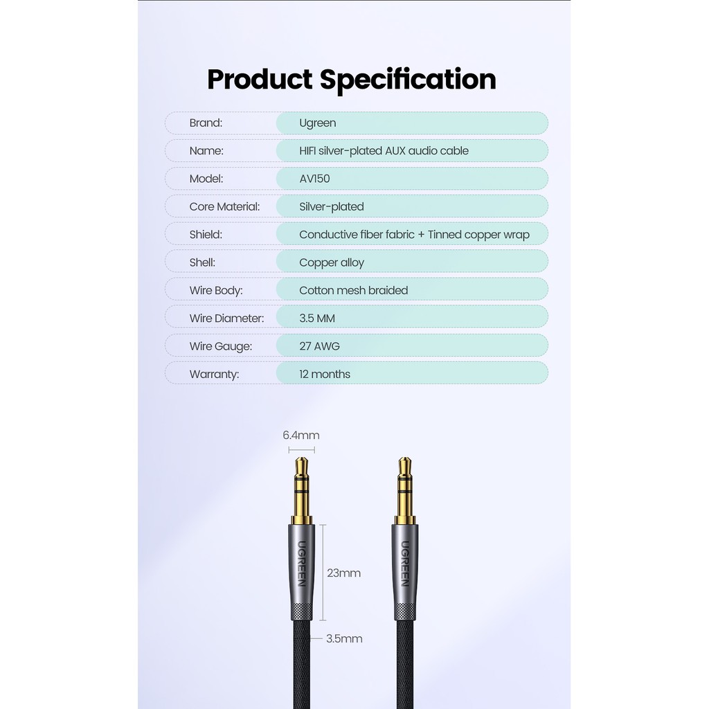 UGREEN HiFi AUX สายเคเบิล 3.5 มม. ลําโพงเสียง สําหรับกีตาร์ ชุบเงิน สายถัก สายเสริม หูฟังรถยนต์