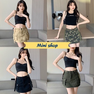 Mini shop🌸พร้อมส่ง🌸(3686/1980-1) กระโปรงกางเกงยีส์สั้นดีเทลกระเป๋าเก๋ๆใส่แมตช์ง่าย ทรงฮิตทรงy2k-NZ