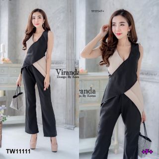 &lt;TW11111&gt;Jumpsuit จั๊มสูทขายาว สีทูโทนพื้นดำตัดสีครีมไขว้ทับกันเนื้อผ้าซาร่า แมทซ์กันสุดๆ งานสวย