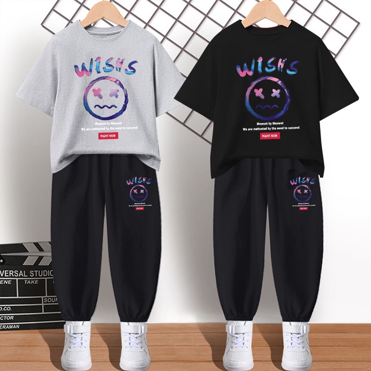 #H38+K38Bชุดเซ็ทเด็กกีฬาเสื้อยืด+กางเกงขายาว.ลายแฟชั่งสวยใส่เทียว.ใส่ออกกำลังกายหรือใส่เป็นชุดนอนก็ได้ทั้งเดกชายและเด็กห