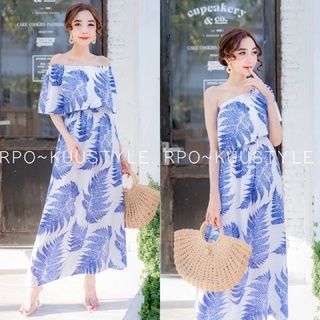 Maxi dress ลายใบไม้ ผ้าสปัน งานเกาะอก งานไหล่ข้าง