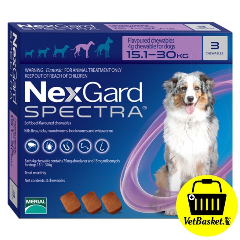 Nexgard Spectra L กำจัด เห็บ หมัด หนอนหัวใจ สำหรับสุนัข 15-30 kg. (สีม่วง) ออกฤทธิ์ใน 12 ชม.***