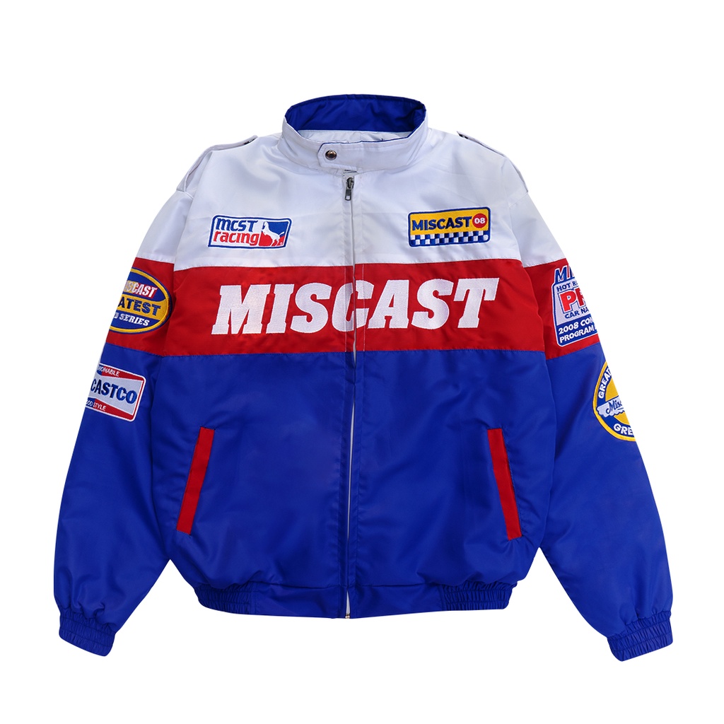 Miscast Mens Vintage Parachute Nascar Jacket กันน้ํา Camaro Blue Full เย็บปักถักร้อย