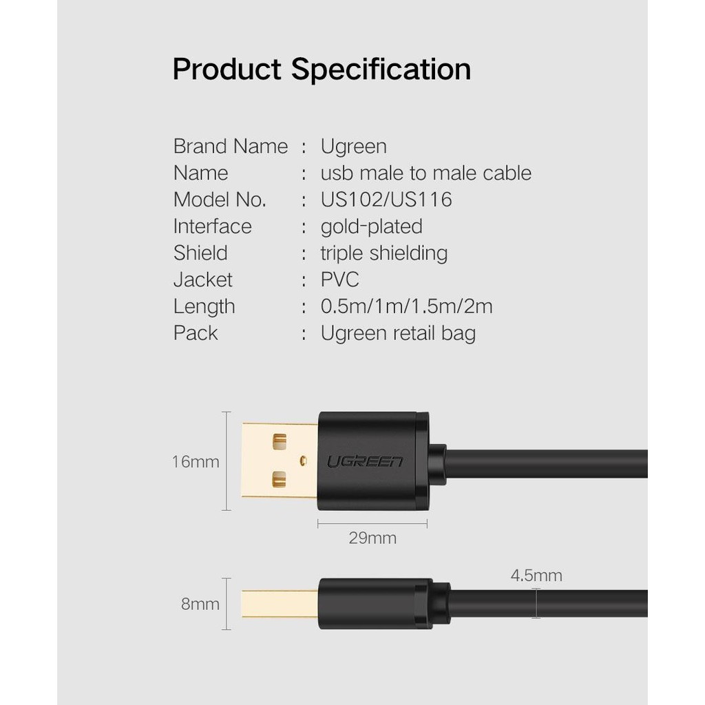UGREEN รุ่น US102 สาย USB 2.0 Male to Male ความยาวสาย 1 - 1.5 เมตร Nickle-Plated