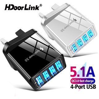 Hdoorlink อะแดปเตอร์ชาร์จโทรศัพท์มือถือ 4 พอร์ต QC 3.0 UK EU Plug