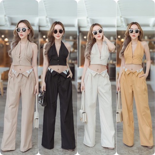 พร้อมส่ง🎈งานป้าย🎊ชุดเซ็ต2ชิ้น เสื้อคล้องคอ กางเกงขายาวชิคๆ🎉ชุดไปทะเล ชุดไปคาเฟ่