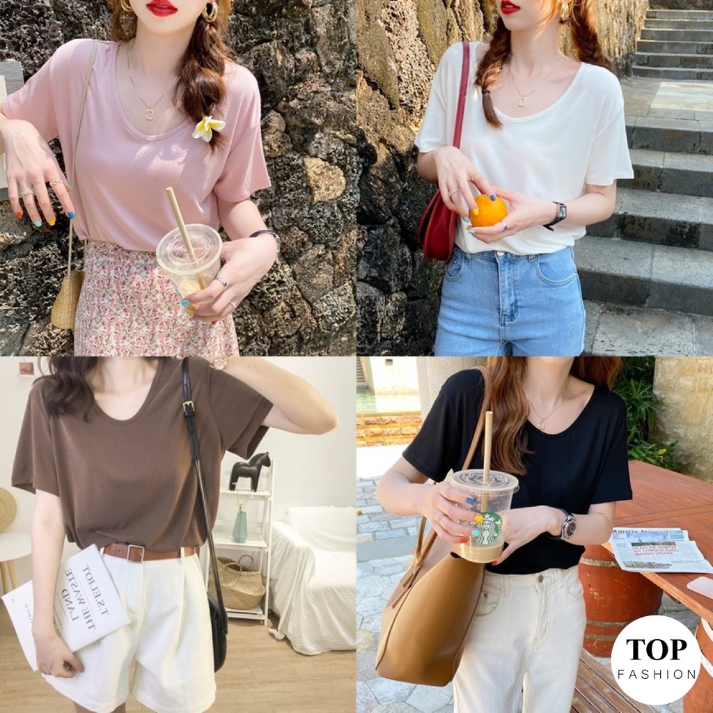พร้อมส่งไทย ราคาถูก เสื้อยืดแขนสั้นคอลึก 4 สีพื้น เนื้อผ้านิ่มเด้ง ใส่สบาย แฟชั่น